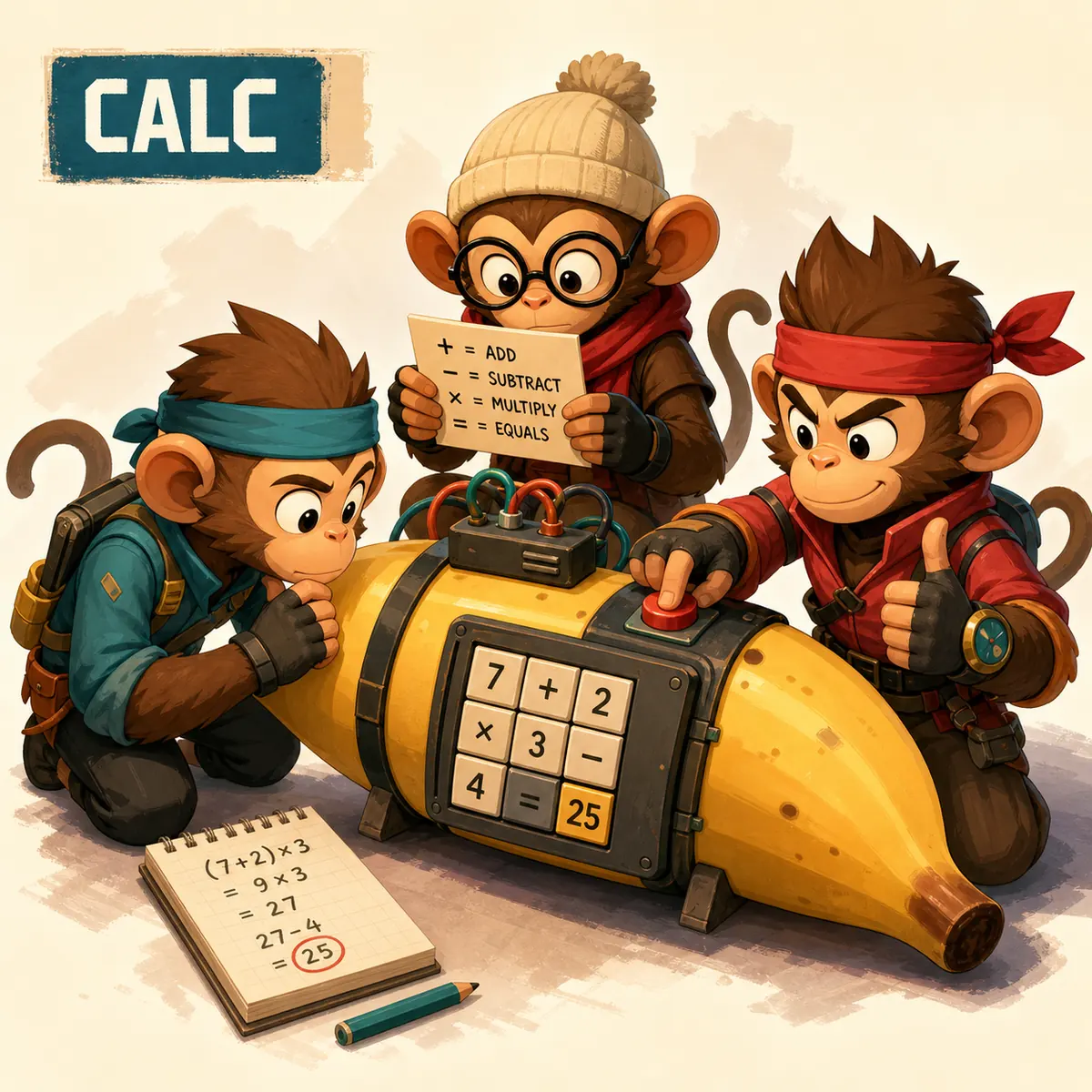 Ilustracion editorial de un equipo resolviendo un modulo calculadora de BOMBANANA
