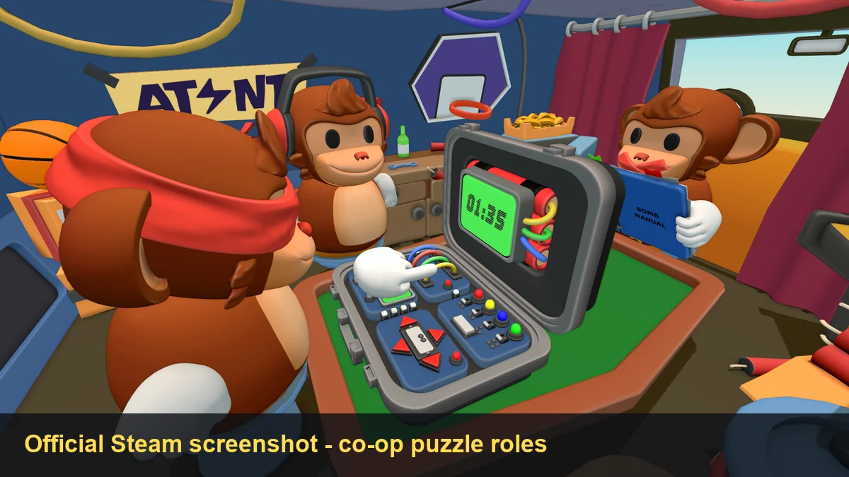 Official BOMBANANA Steam gameplay screenshot showing three monkeys, a bomb module, and a manual