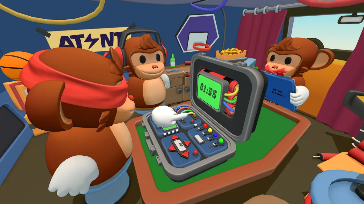 Official BOMBANANA Steam screenshot showing three monkey teammates around a bomb