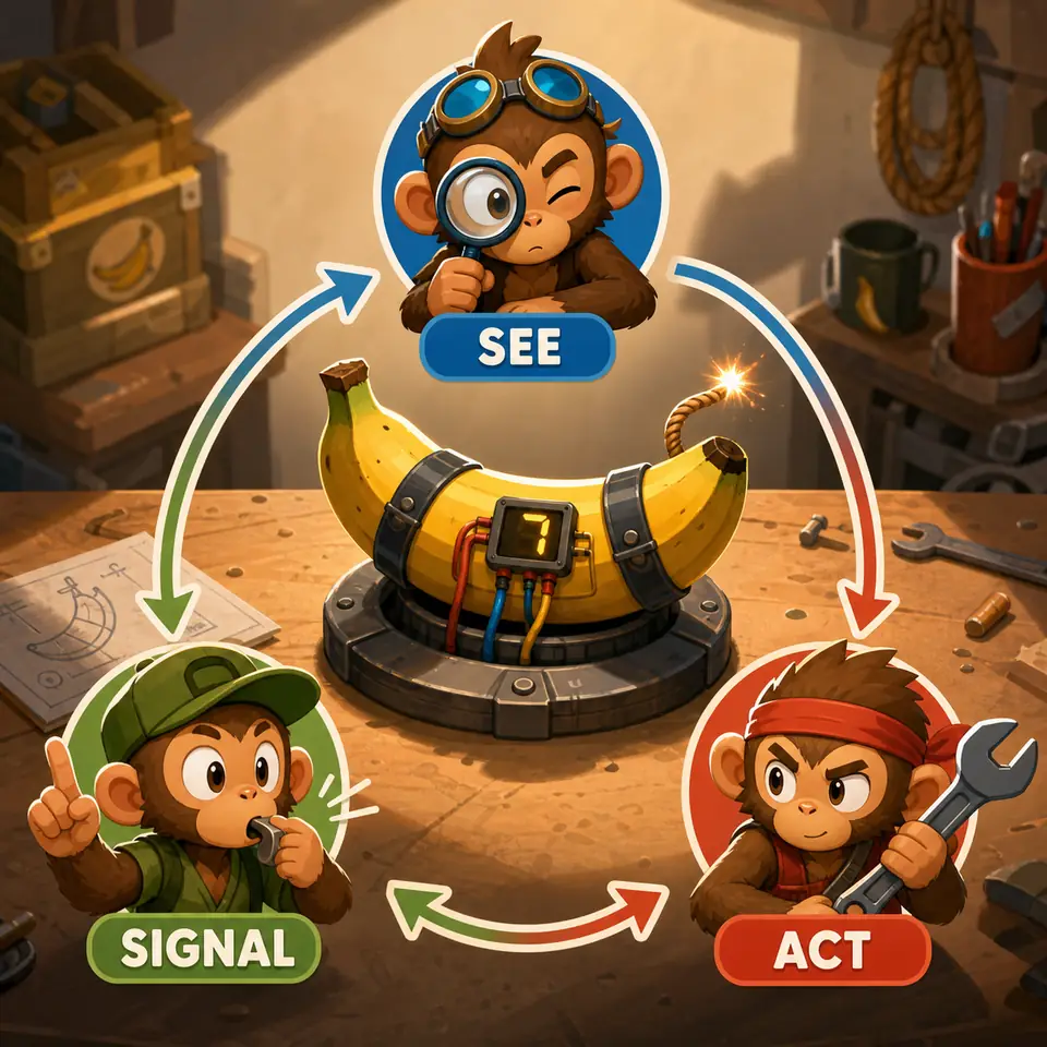 Non-official BOMBANANA gameplay-loop illustration showing see, signal and act roles
