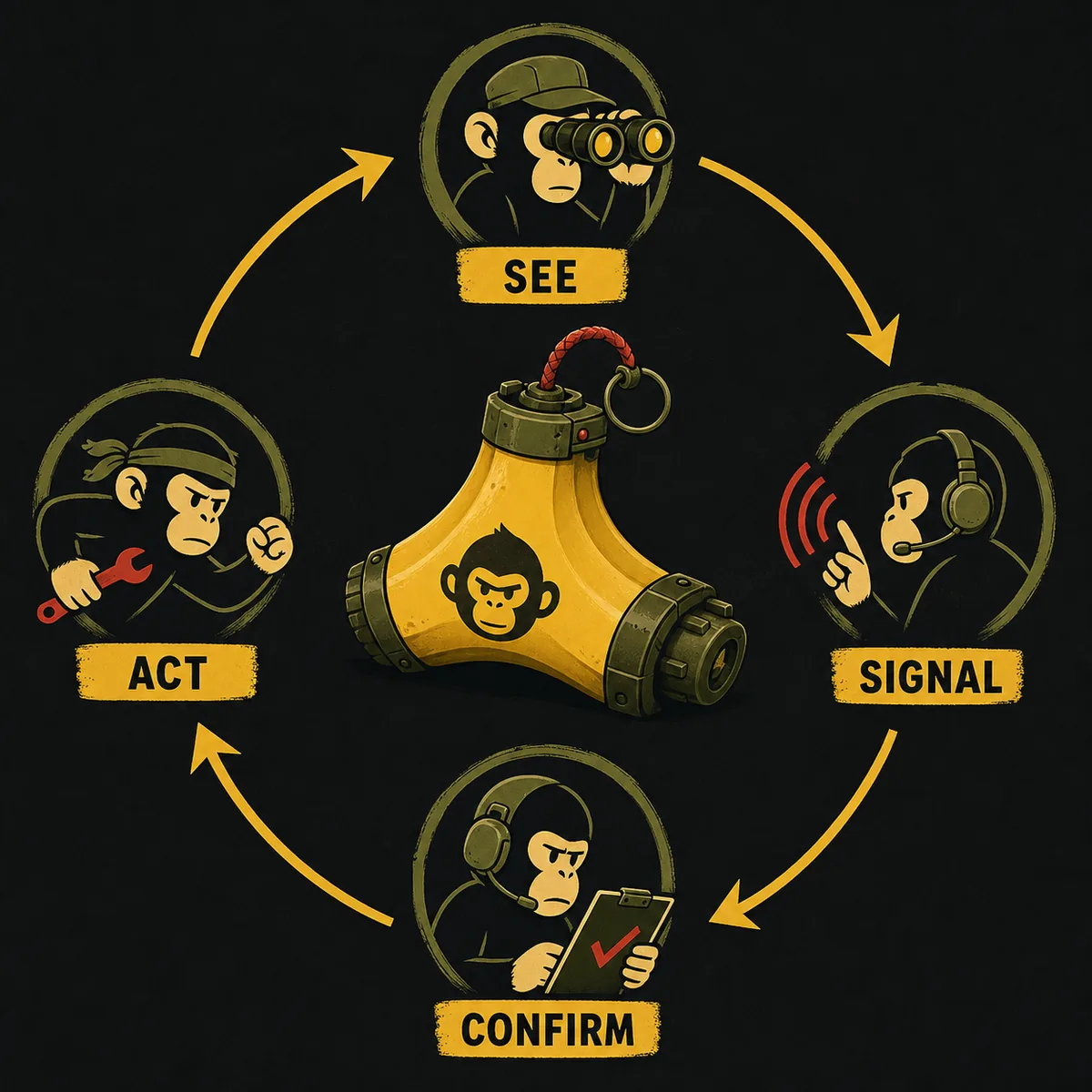 BOMBANANA manual decision loop showing see, signal, confirm, and act around a banana bomb