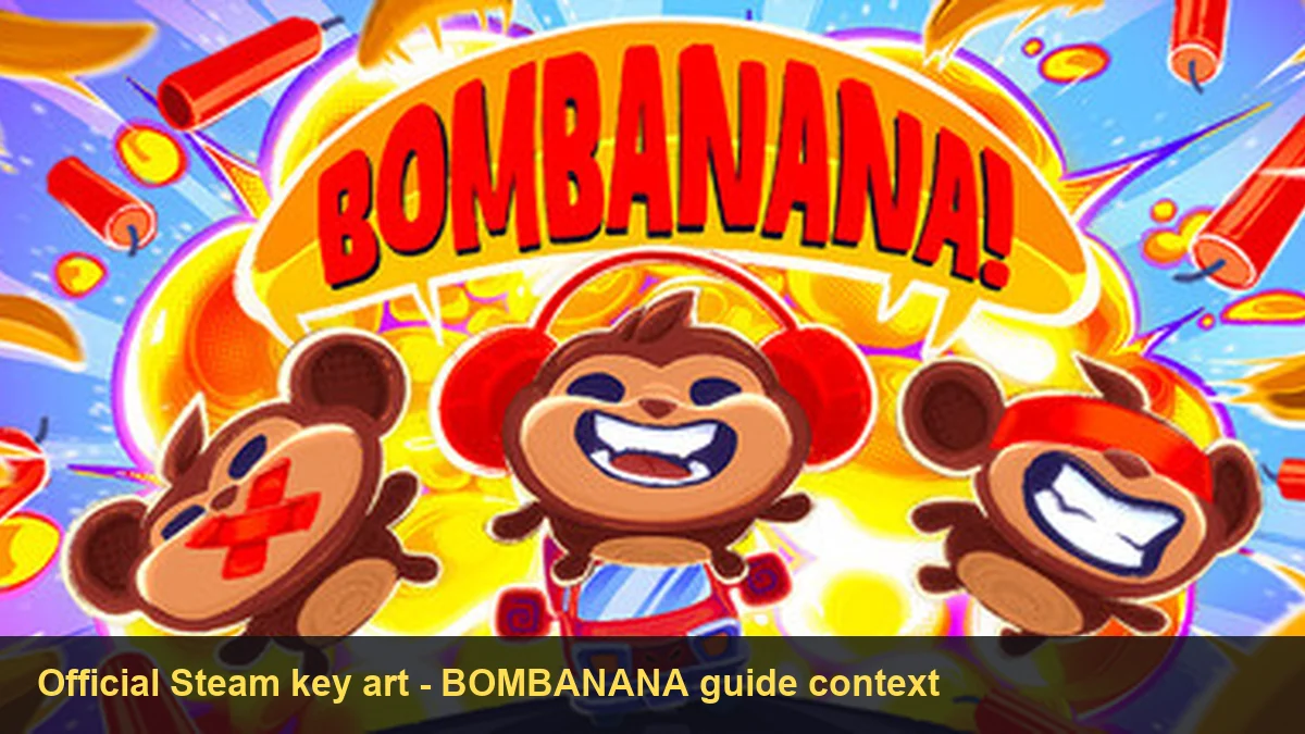 Official BOMBANANA Steam key art showing the three monkey team and banana bomb premise