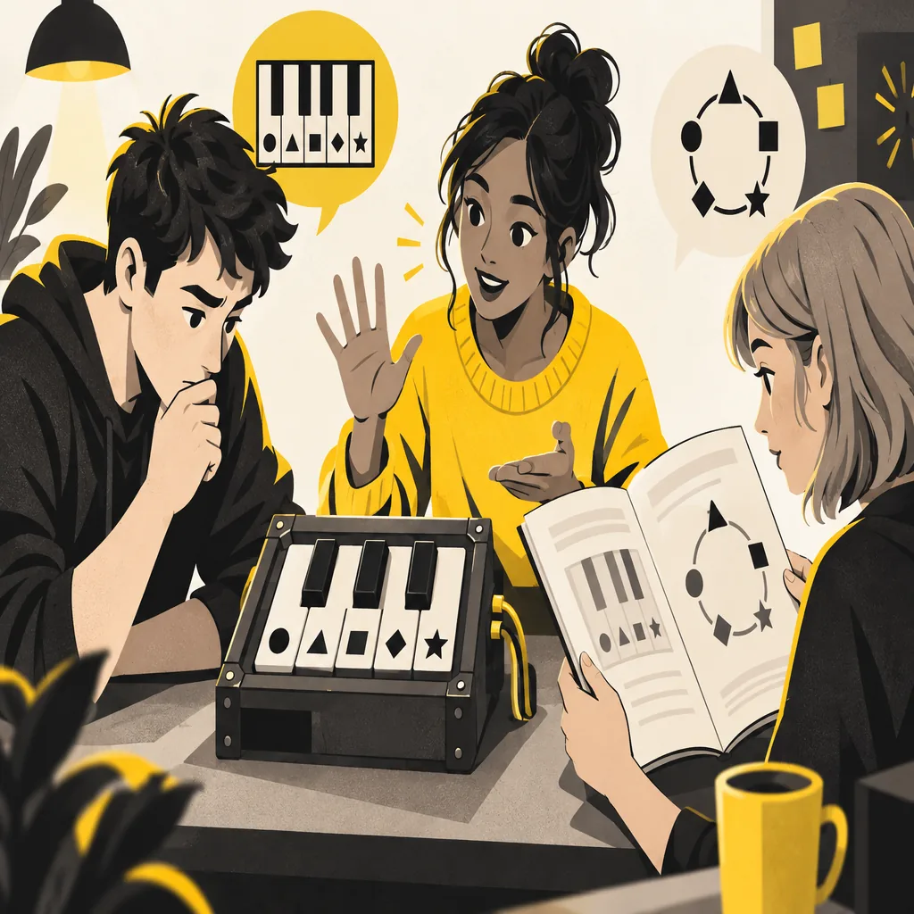 Redaktionelle Illustration von drei Spielern, die ein BOMBANANA-Piano-Modul lesen und ein Handbuch prüfen