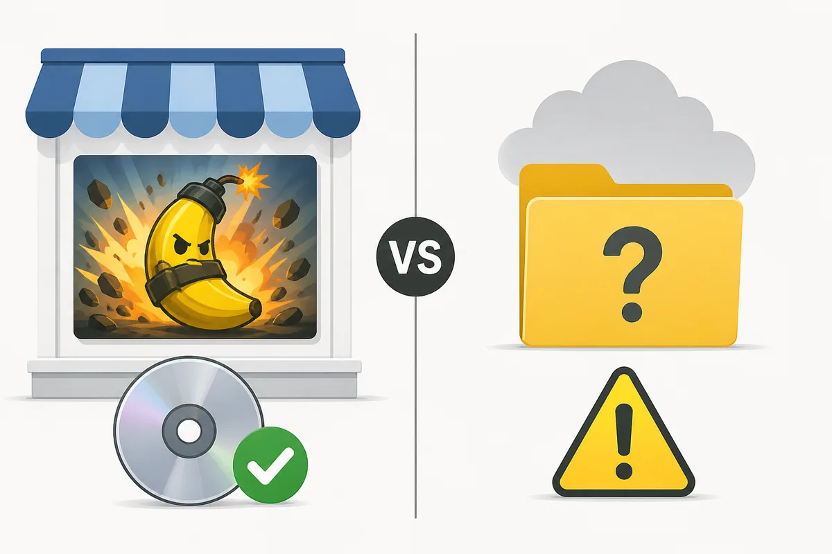 Editorial comparison of a verified game storefront route and an unverified download folder