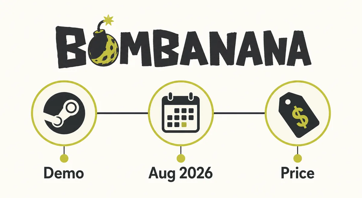 Non-official BOMBANANA timeline graphic showing demo, 2 September 2026, and price check stages