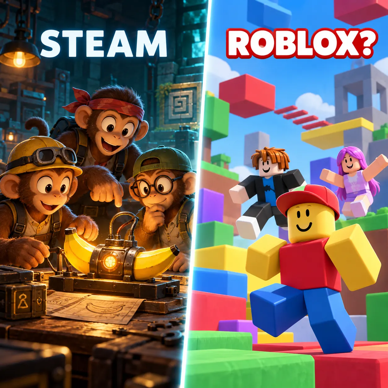 Editorial comparison of the verified BOMBANANA Steam game and an unverified Roblox search result