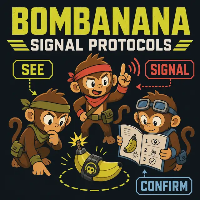 Editorial illustration of three BOMBANANA teammates using see signal and confirm steps around a banana bomb