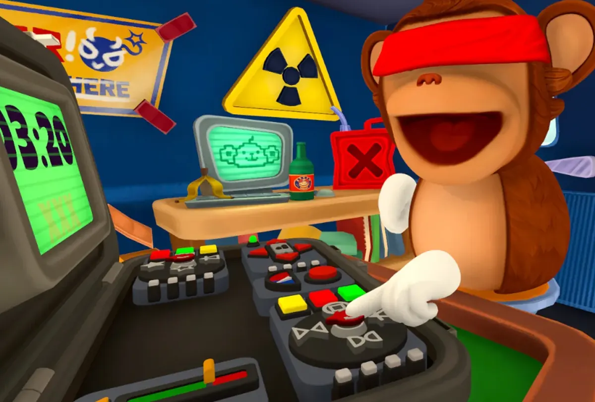 Official BOMBANANA Steam screenshot cropped around a monkey pointing at a console during co-op play
