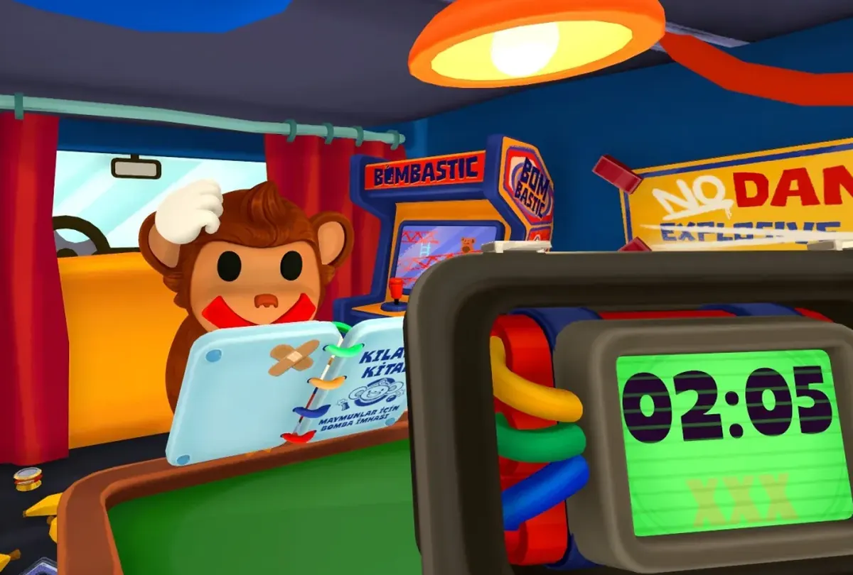 Official BOMBANANA Steam screenshot cropped to show the timed bomb console and surrounding game room
