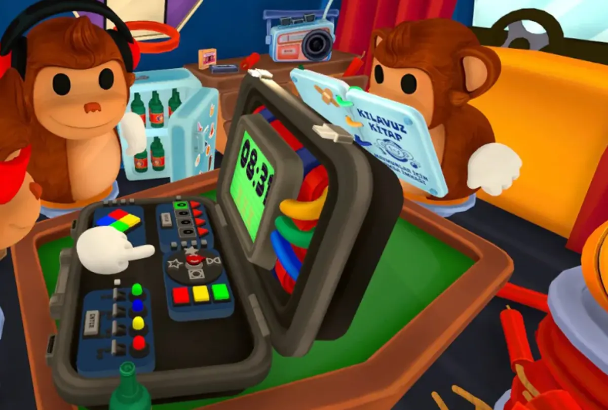 Official BOMBANANA Steam screenshot cropped around a colorful control panel and a teammate beside the bomb console