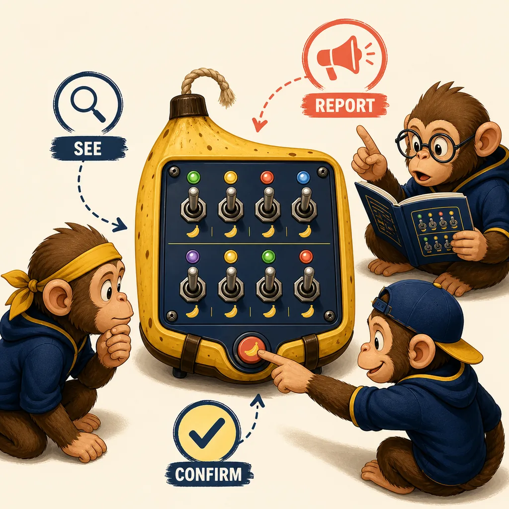 Non-official conceptual illustration of three BOMBANANA teammates reading a banana-shaped switch module and confirming a callout