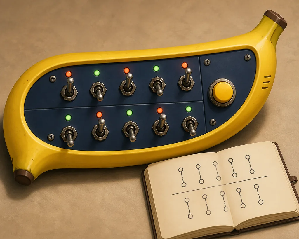 Non-official conceptual close-up of BOMBANANA switch states beside an open manual