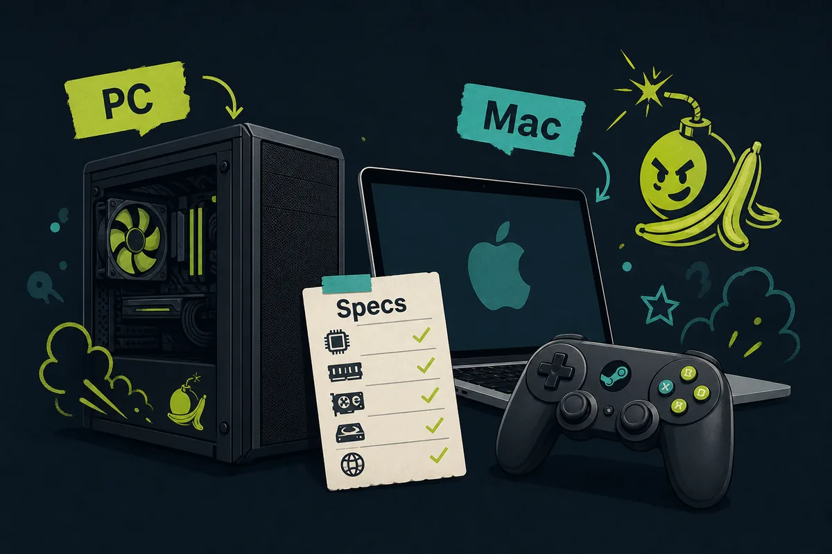 Editorial illustration showing PC, Mac, and checklist icons for BOMBANANA system requirements