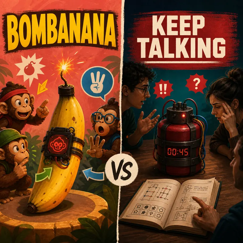 Editorial concept showing BOMBANANA's three-player monkey roles beside Keep Talking's bomb-and-manual format