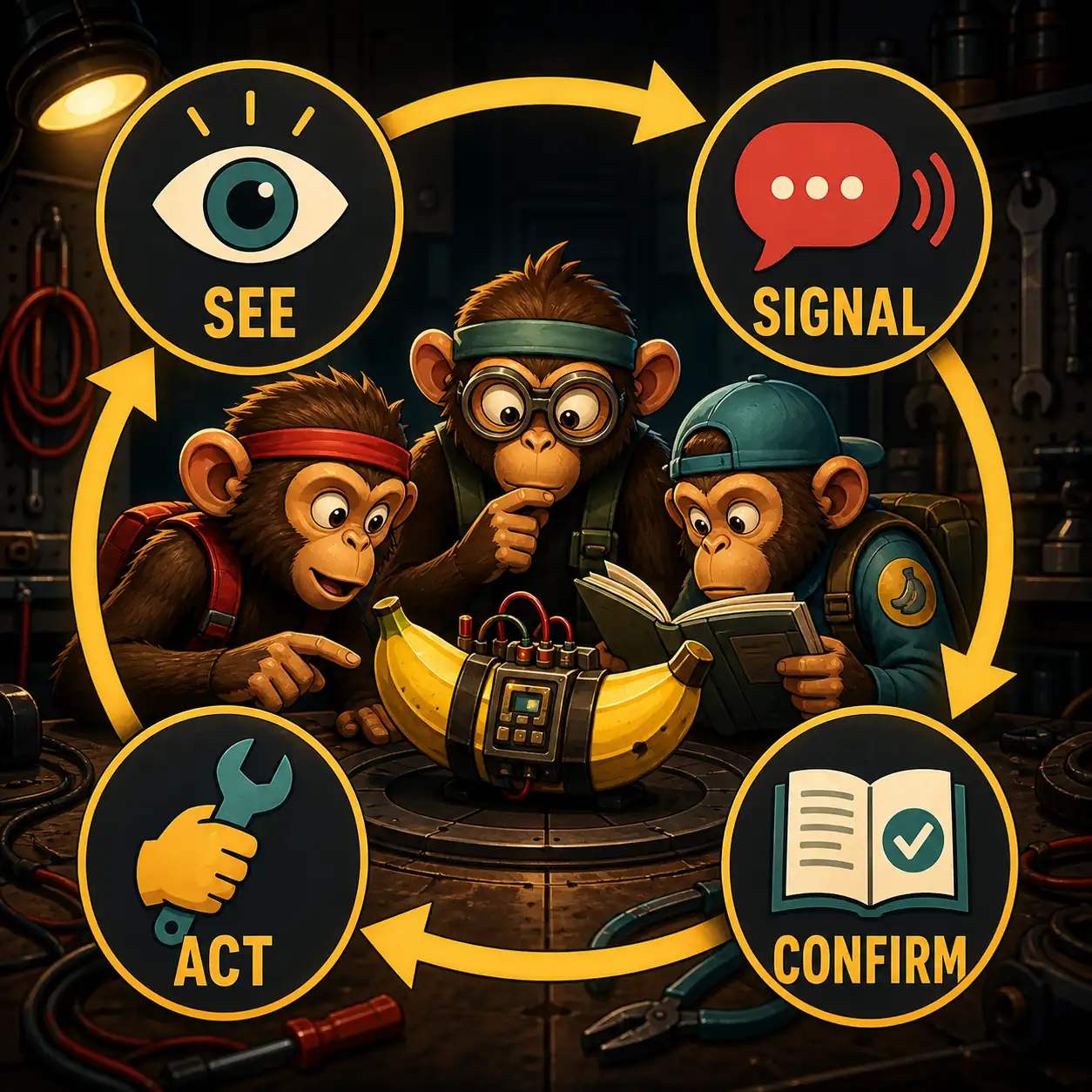 Editorial BOMBANANA walkthrough schematic showing see, signal, confirm, and act around a banana bomb